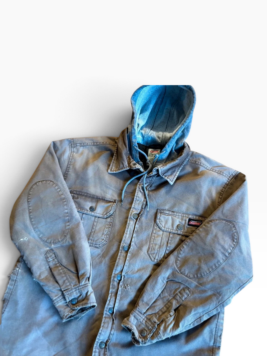 Vintage Dickies Thrashed Hooded Shirt Jacket in Washed Grey with Elbow Patches, M