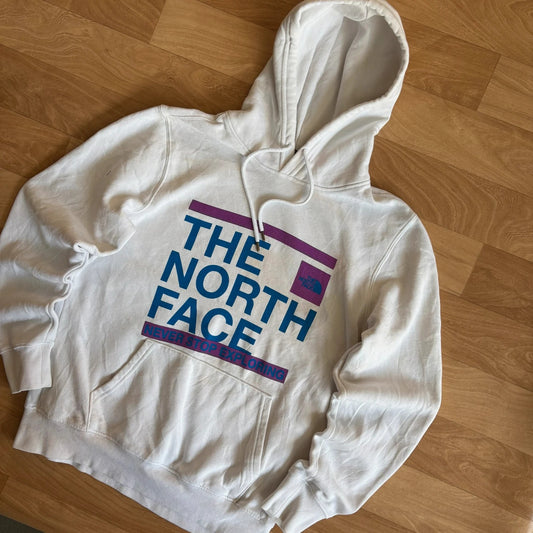 The North Face White Blue Purple Spellout Never Stop Exploring Vintage Hoodie Mens