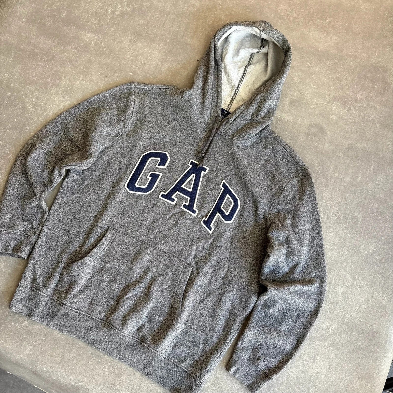 Gap Heather Grey Arch Spellout Pullover Hoodie Mens Medium Casual Collegiate Vintage