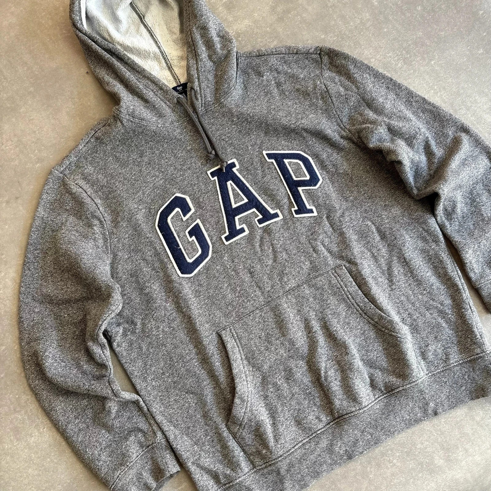Gap Heather Grey Arch Spellout Pullover Hoodie Mens Medium Casual Collegiate Vintage