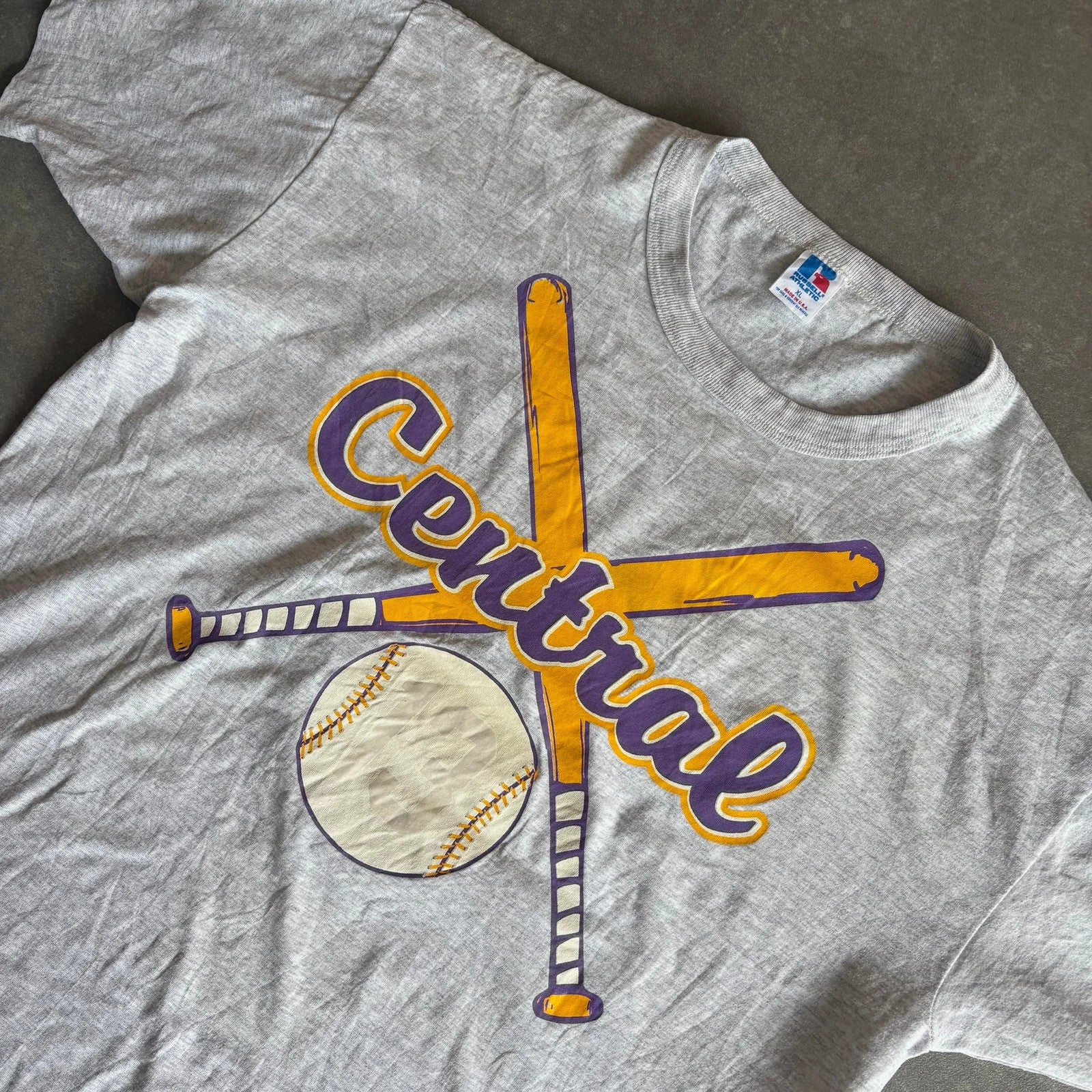 Vintage Central Russell Athletic Graphic Tee Baseball Crossed Bats