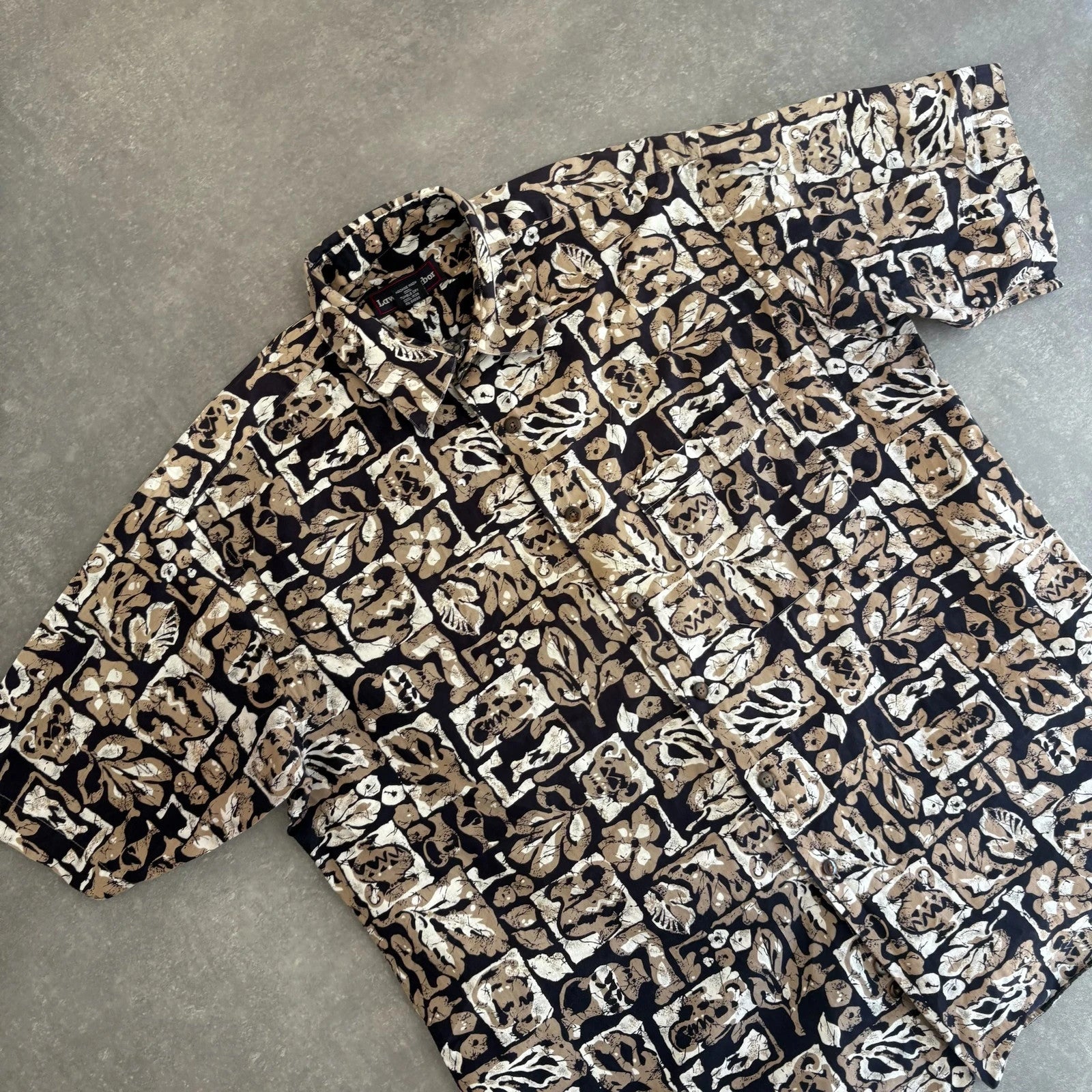 Lawton Harbor Brown Pattern Hawaiian Shirt Mens Large 100 Cotton Vintage