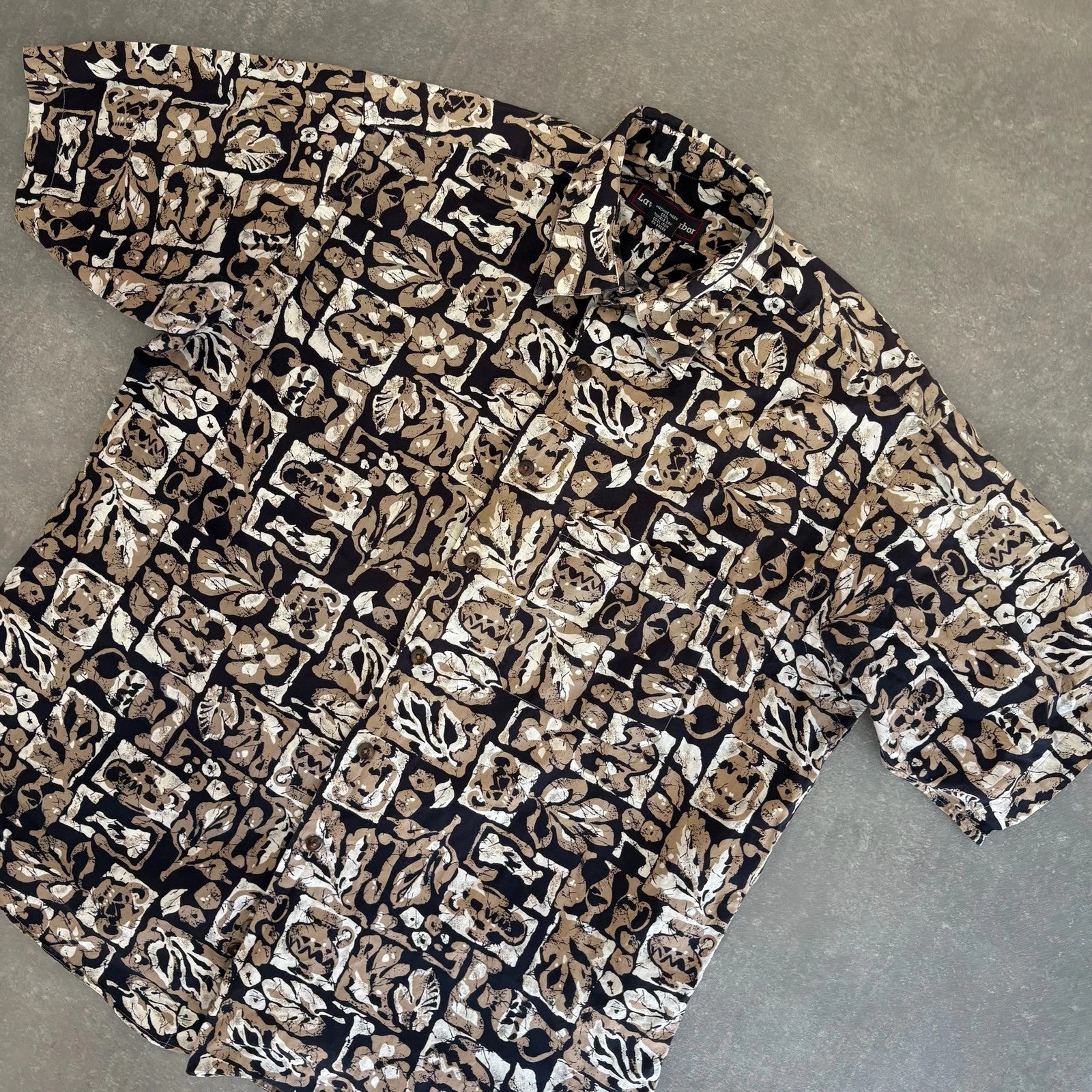 Lawton Harbor Brown Pattern Hawaiian Shirt Mens Large 100 Cotton Vintage