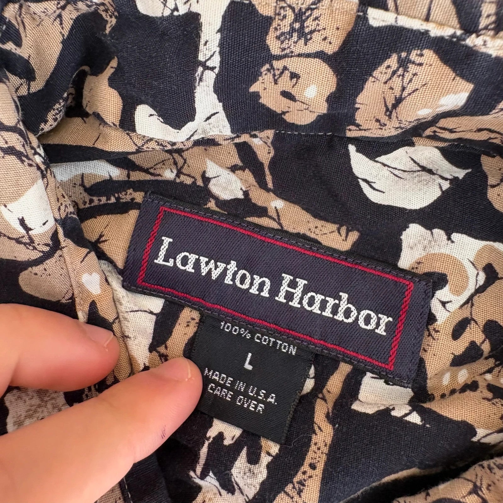 Lawton Harbor Brown Pattern Hawaiian Shirt Mens Large 100 Cotton Vintage