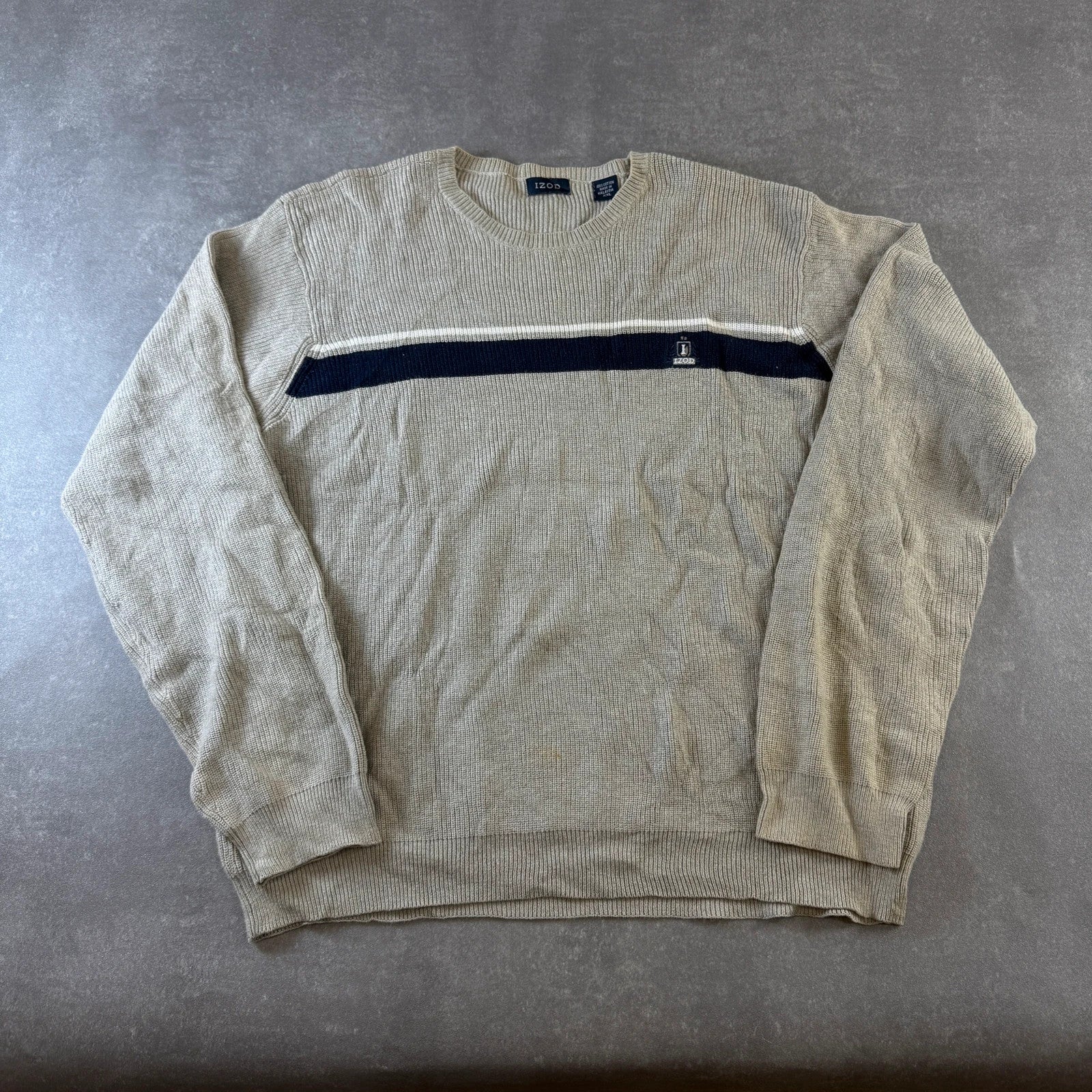 Izod Cream Navy Striped Knit Sweater XXL Embroidered Chest Logo Vintage Preppy Streetwear Cotton