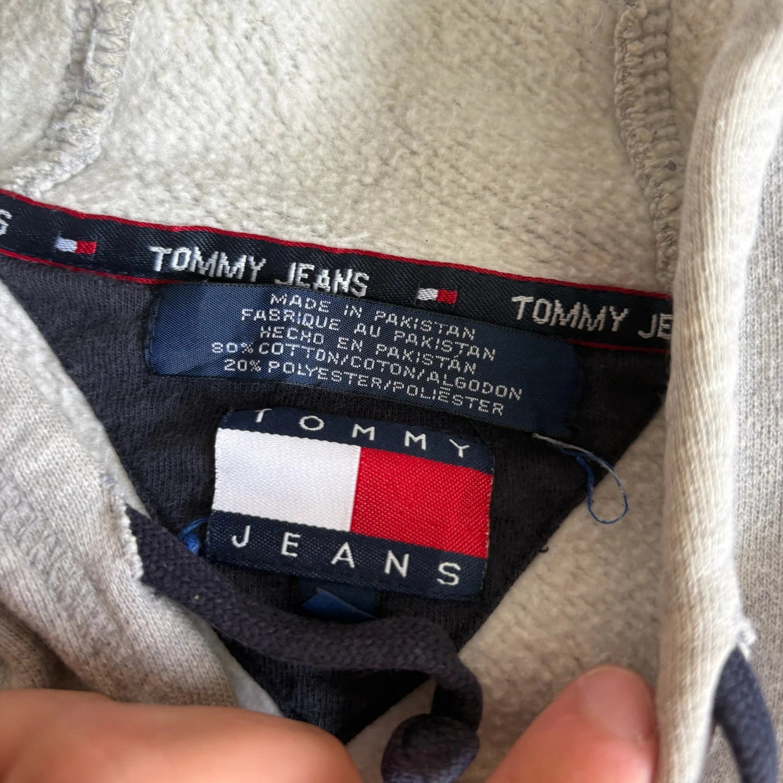 Tommy Jeans Grey Spellout Embroidered Zip Up Vintage Hoodie Flag Streetwear Mens