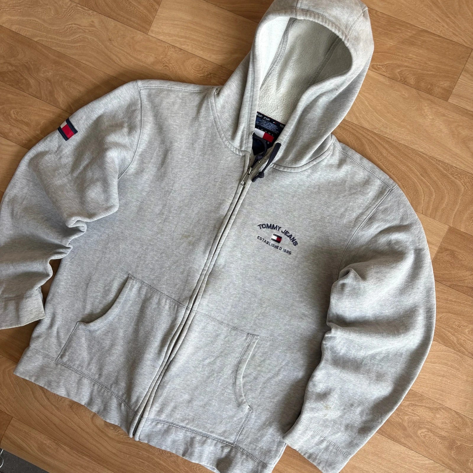 Tommy Jeans Grey Spellout Embroidered Zip Up Vintage Hoodie Flag Streetwear Mens
