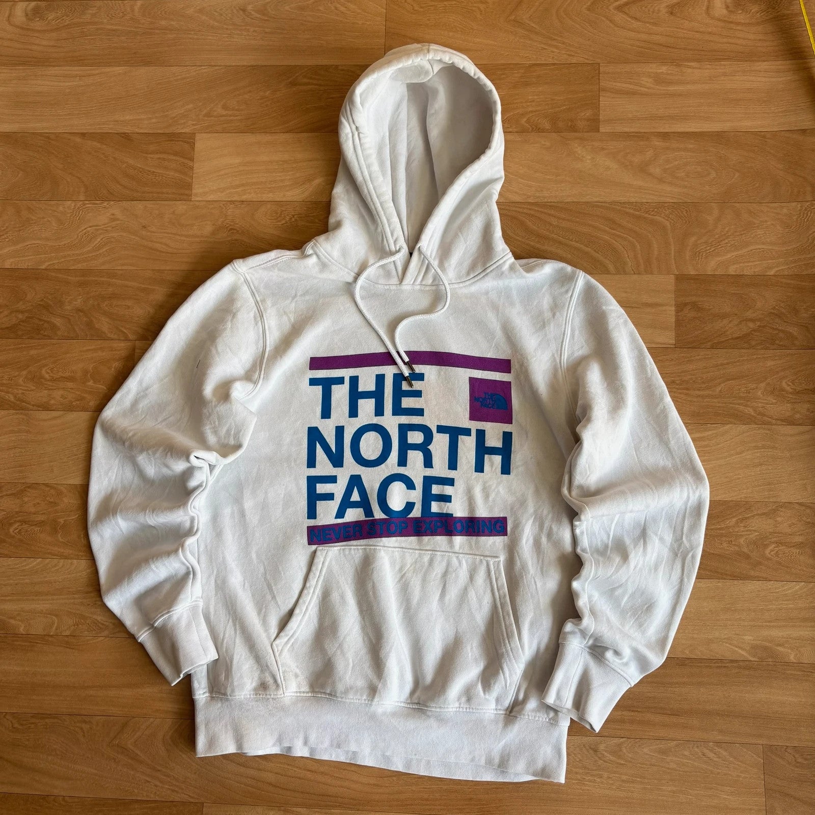 The North Face White Blue Purple Spellout Never Stop Exploring Vintage Hoodie Mens