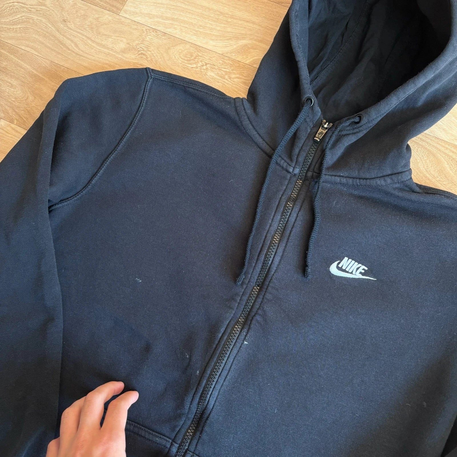 Nike Black Swoosh Embroidered Zip Up Vintage Hoodie Streetwear Mens