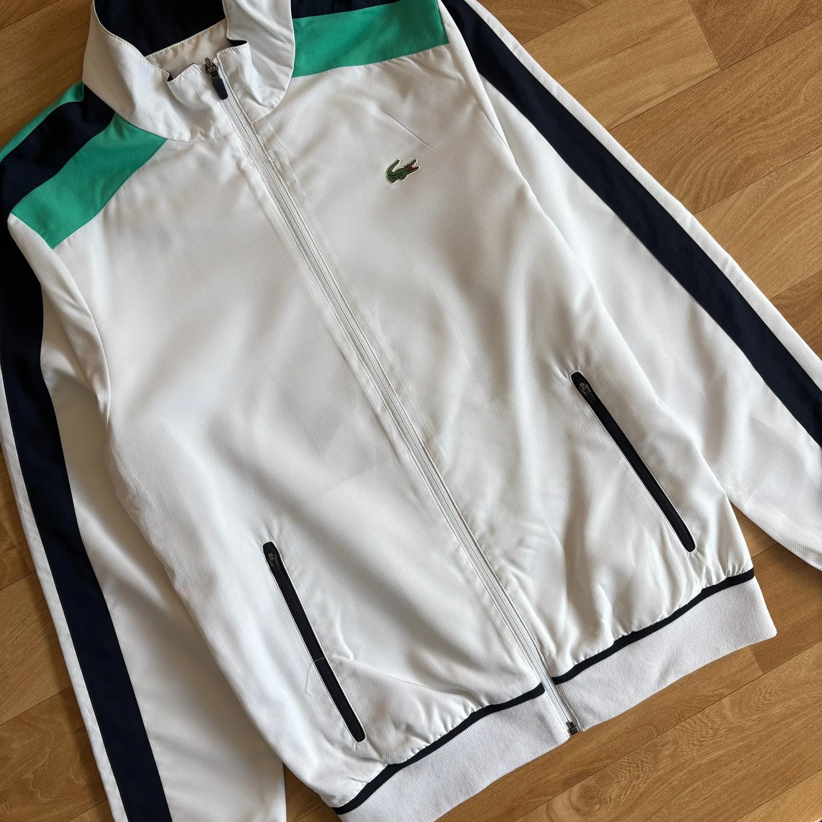 Lacoste Sport White Navy Green Colourblock Zip Up Vintage Track Jacket Streetwear Mens