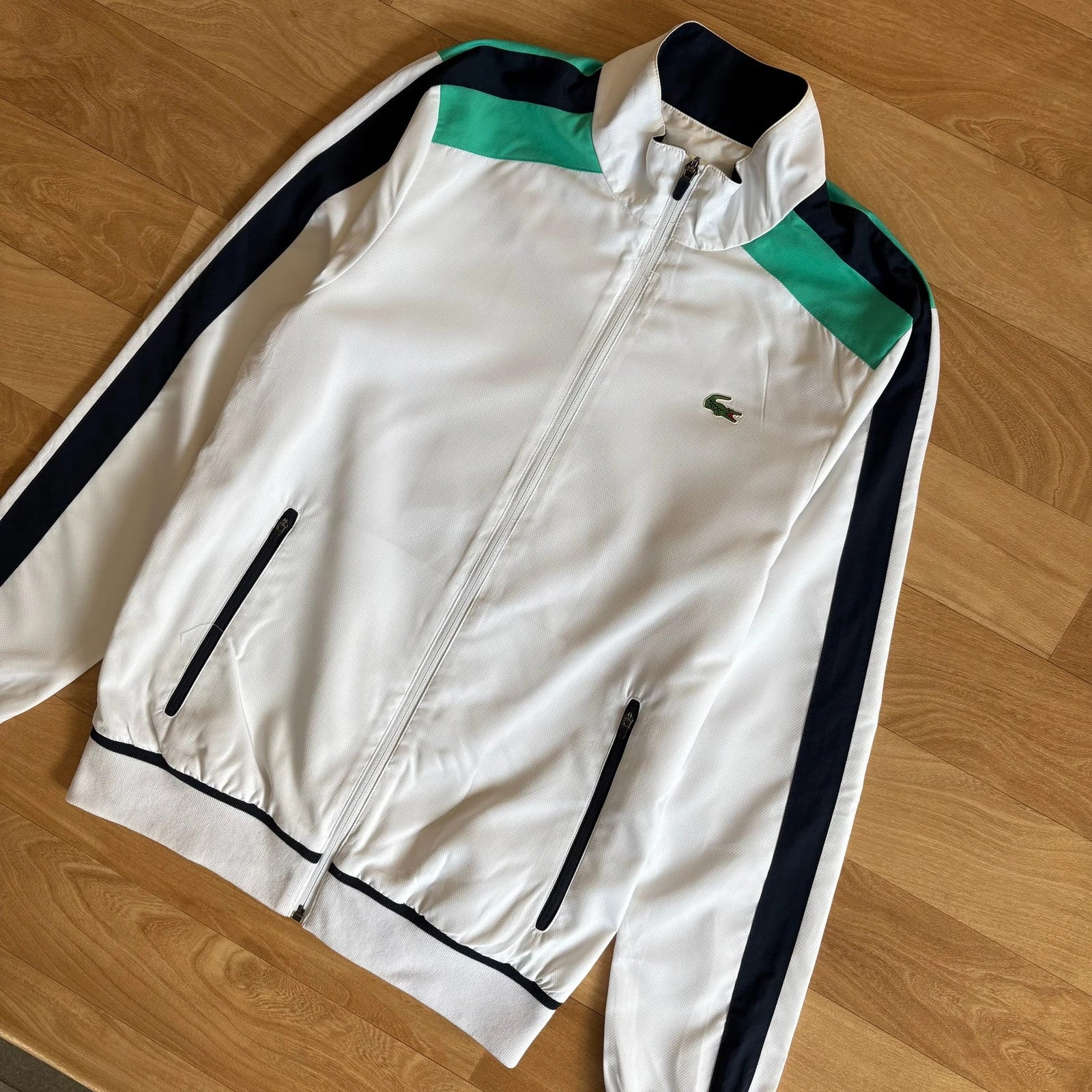 Lacoste Sport White Navy Green Colourblock Zip Up Vintage Track Jacket Streetwear Mens