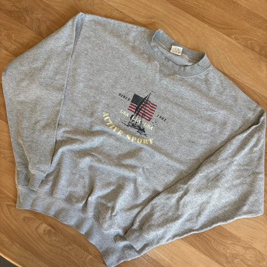 USA Active Sport Grey Sailing Flag Graphic Vintage Sweatshirt Crewneck Mens