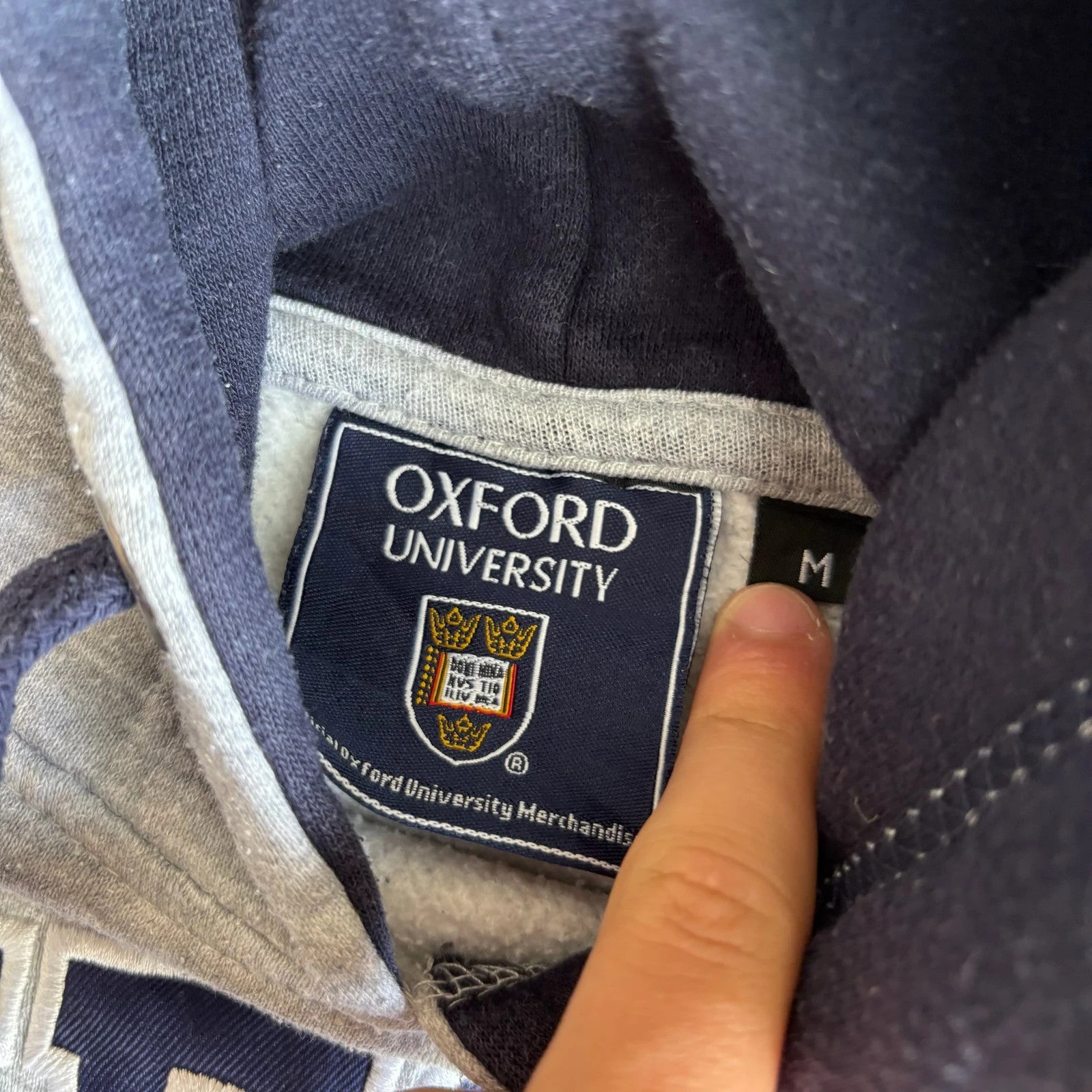Oxford University Grey Navy Crest Embroidered Spellout Vintage Hoodie Collegiate Mens