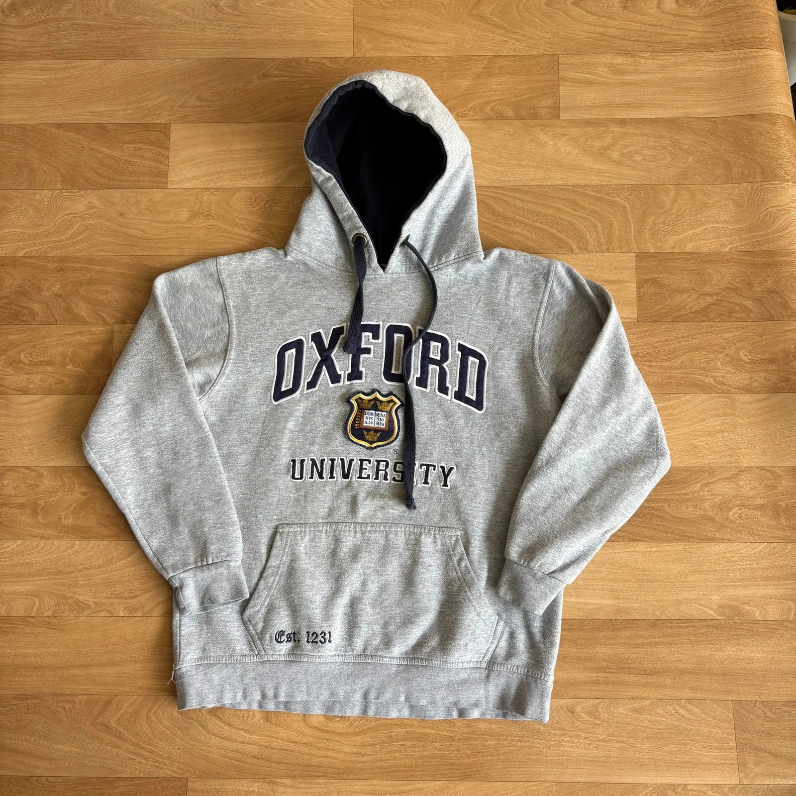 Oxford University Grey Navy Crest Embroidered Spellout Vintage Hoodie Collegiate Mens