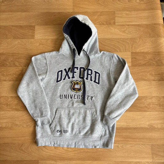 Oxford University Grey Navy Crest Embroidered Spellout Vintage Hoodie Collegiate Mens