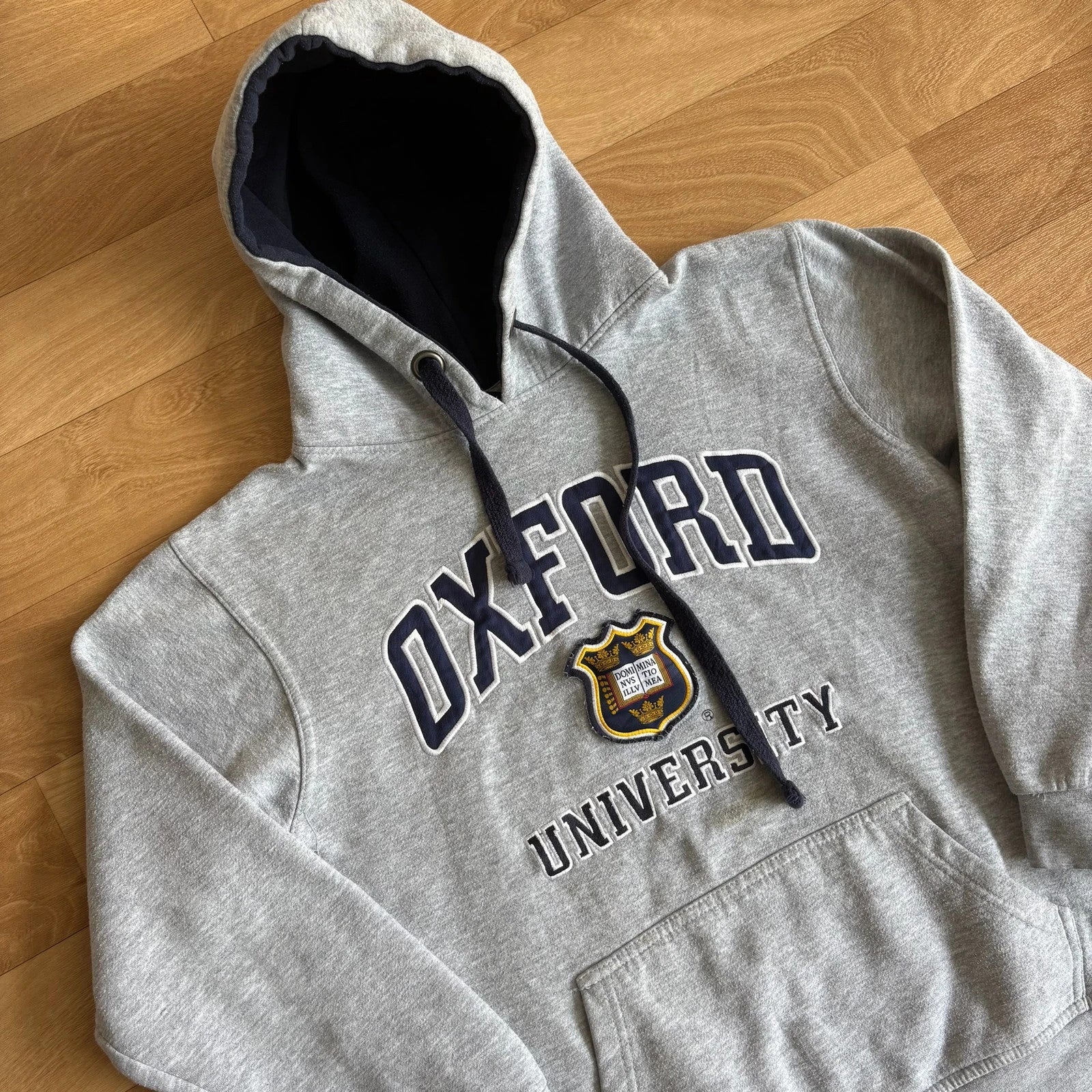 Oxford University Grey Navy Crest Embroidered Spellout Vintage Hoodie Collegiate Mens
