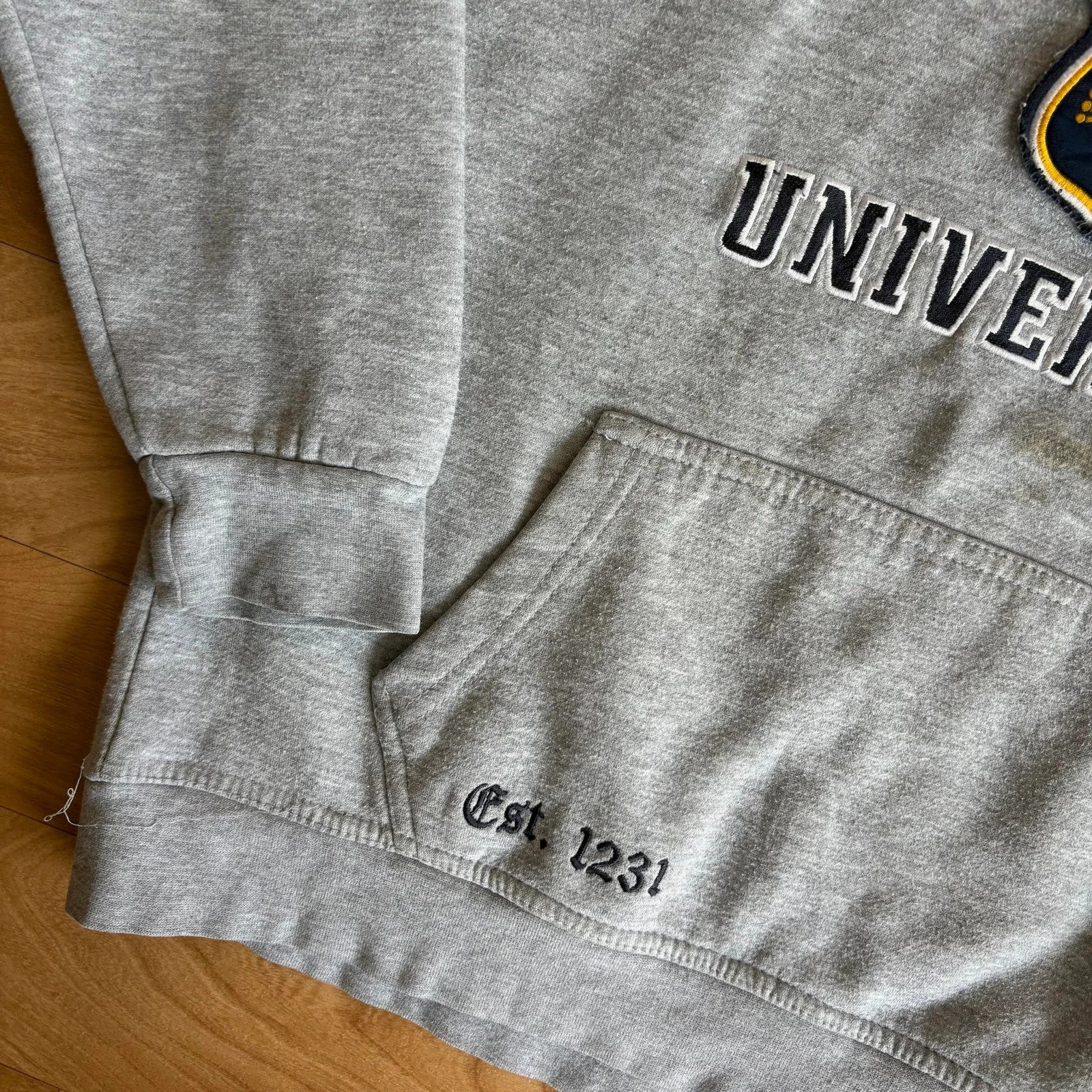 Oxford University Grey Navy Crest Embroidered Spellout Vintage Hoodie Collegiate Mens