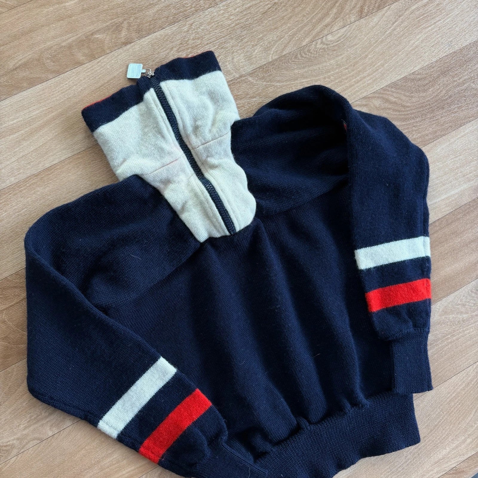 Fila Navy Red Cream Striped Knit Quarter Zip Retro Ski Sweater Mens