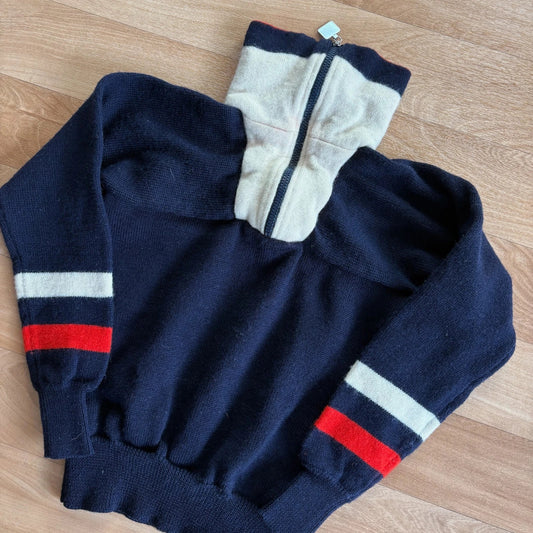 Fila Navy Red Cream Striped Knit Quarter Zip Retro Ski Sweater Mens