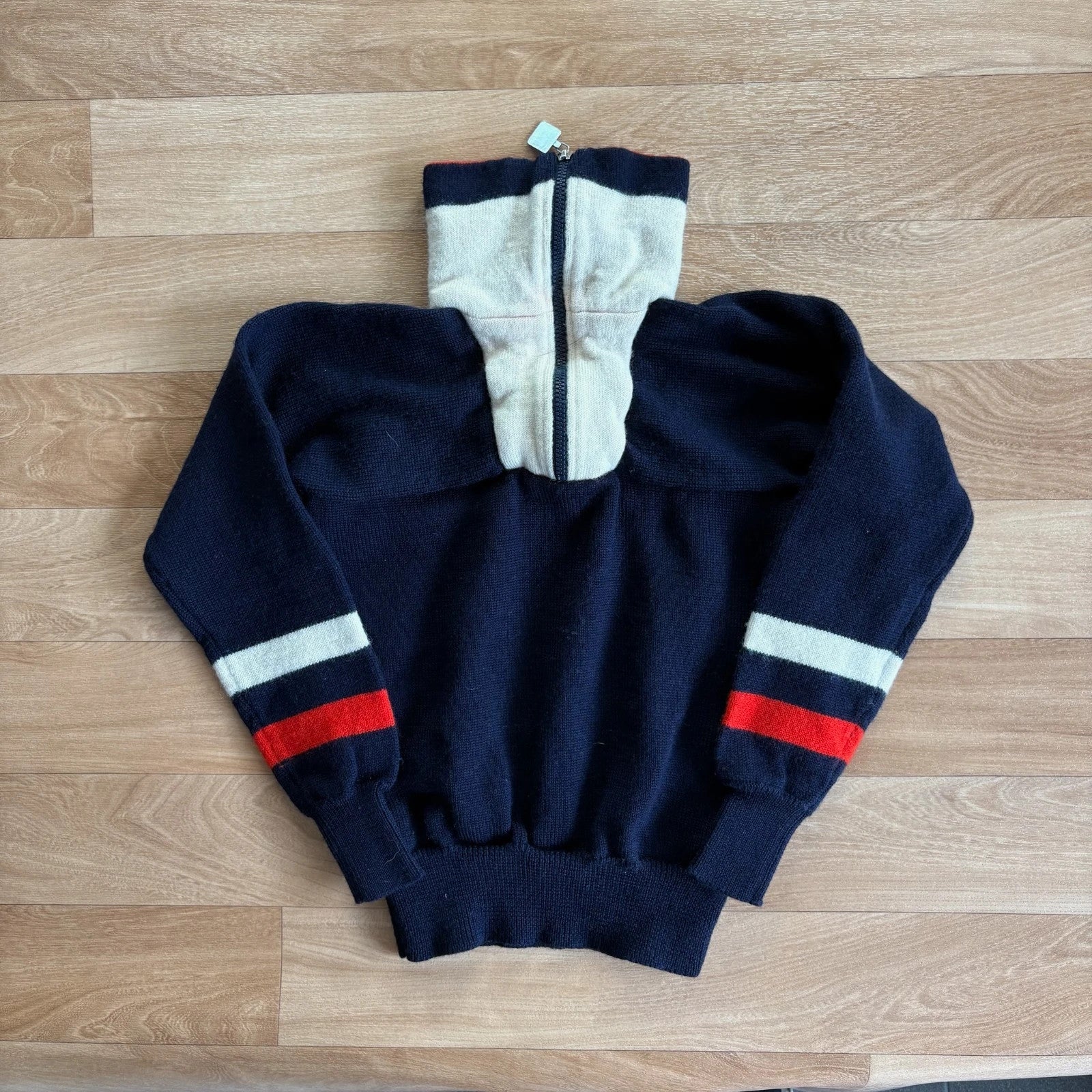 Fila Navy Red Cream Striped Knit Quarter Zip Retro Ski Sweater Mens