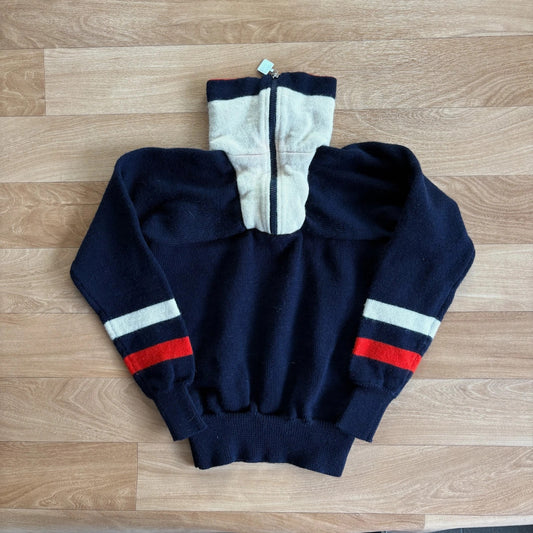 Fila Navy Red Cream Striped Knit Quarter Zip Retro Ski Sweater Mens