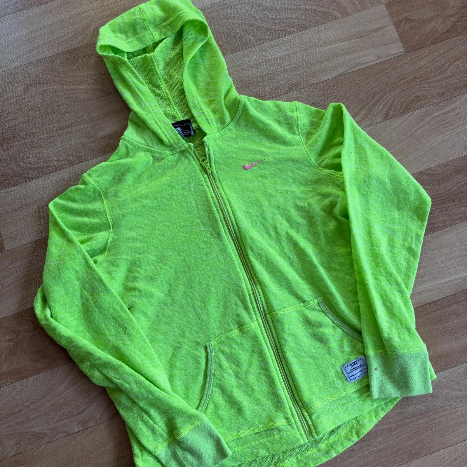 Nike Neon Green Pink Swoosh Lightweight Full Zip Vintage Gym Hoodie Womens