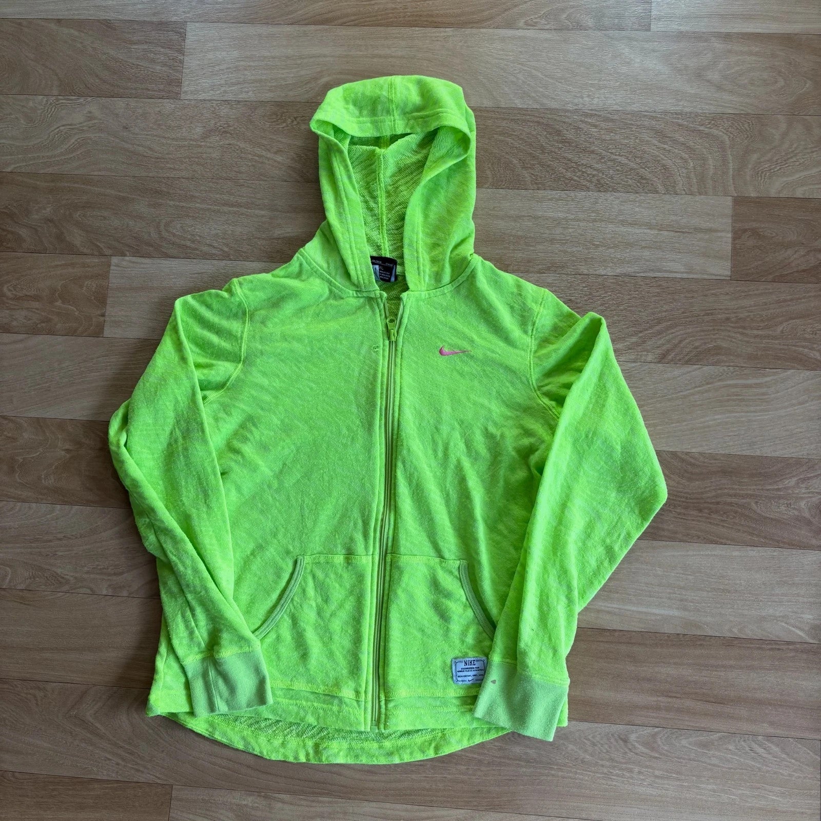Nike Neon Green Pink Swoosh Lightweight Full Zip Vintage Gym Hoodie Womens