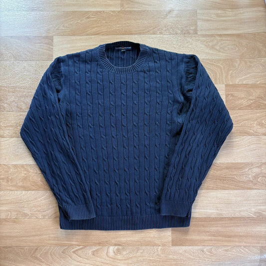 Tommy Hilfiger Navy Cable Knit Crew Neck Vintage Preppy Cotton Sweater Mens