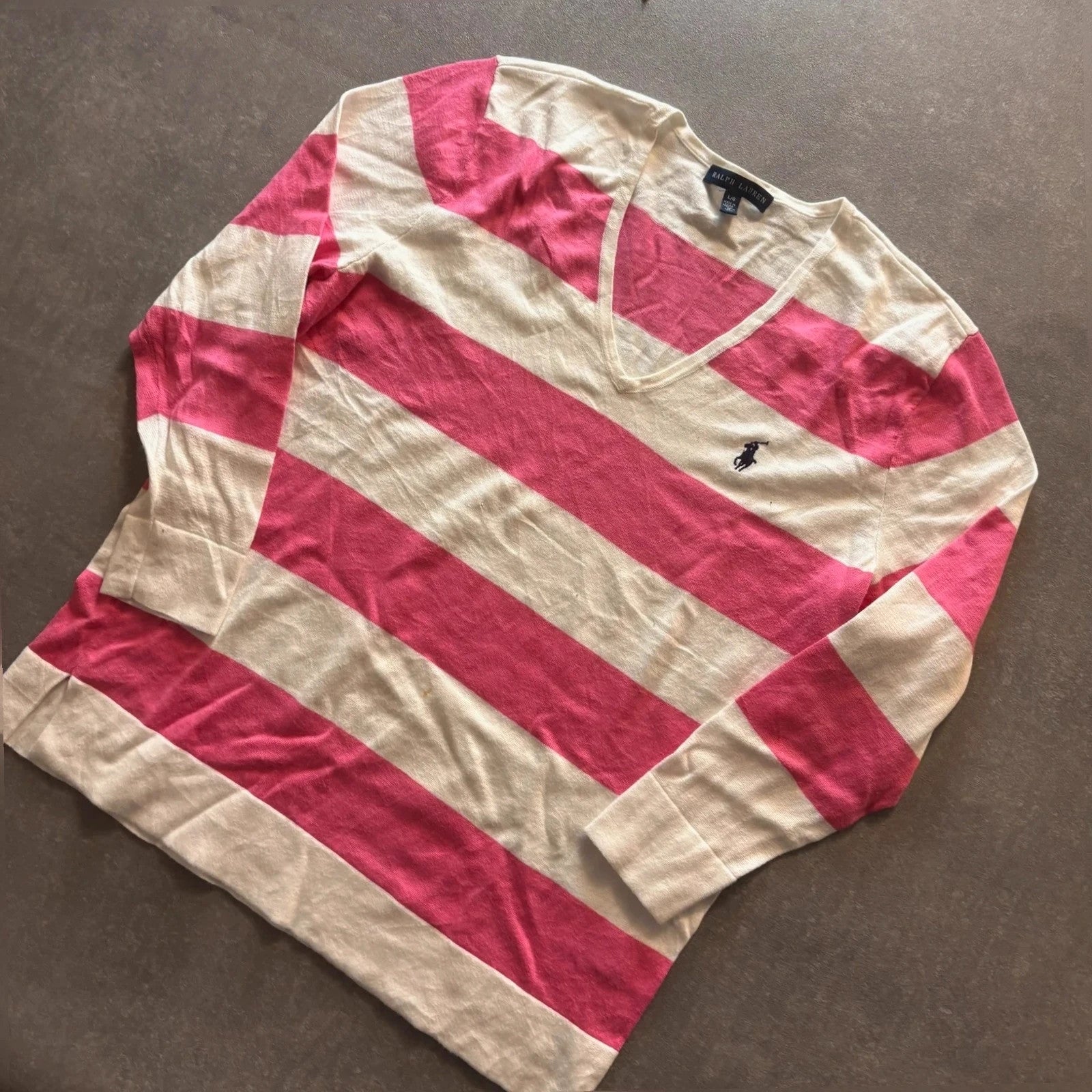 Ralph Lauren Pink Cream Striped V-Neck Long Sleeve Knit Sweater womens Large Pony