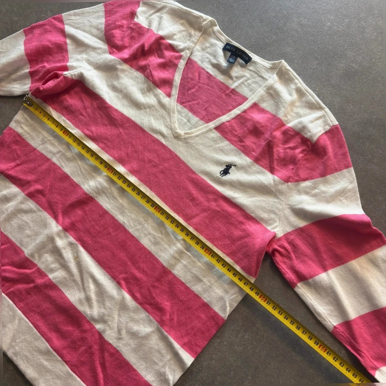 Ralph Lauren Pink Cream Striped V-Neck Long Sleeve Knit Sweater womens Large Pony