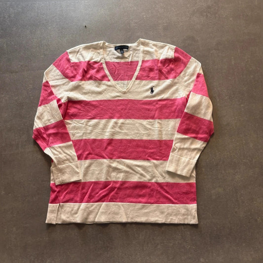 Ralph Lauren Pink Cream Striped V-Neck Long Sleeve Knit Sweater womens Large Pony