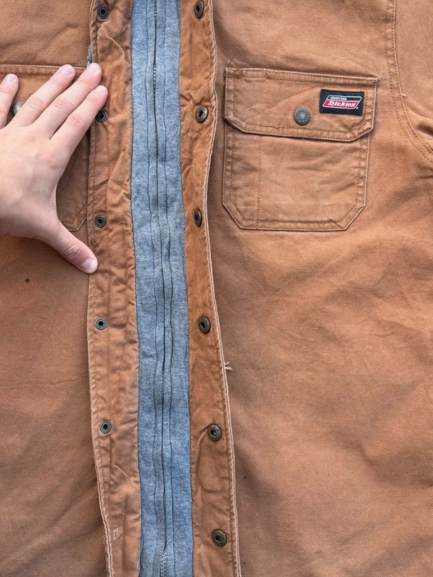 Dickies Heavyweight Duck Canvas Hooded Shirt Jacket in Brown, Snap Front, M