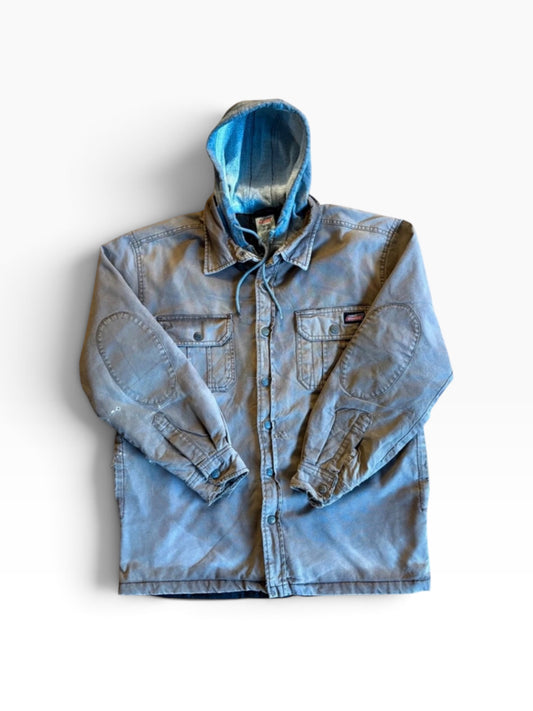 Vintage Dickies Thrashed Hooded Shirt Jacket in Washed Grey with Elbow Patches, M