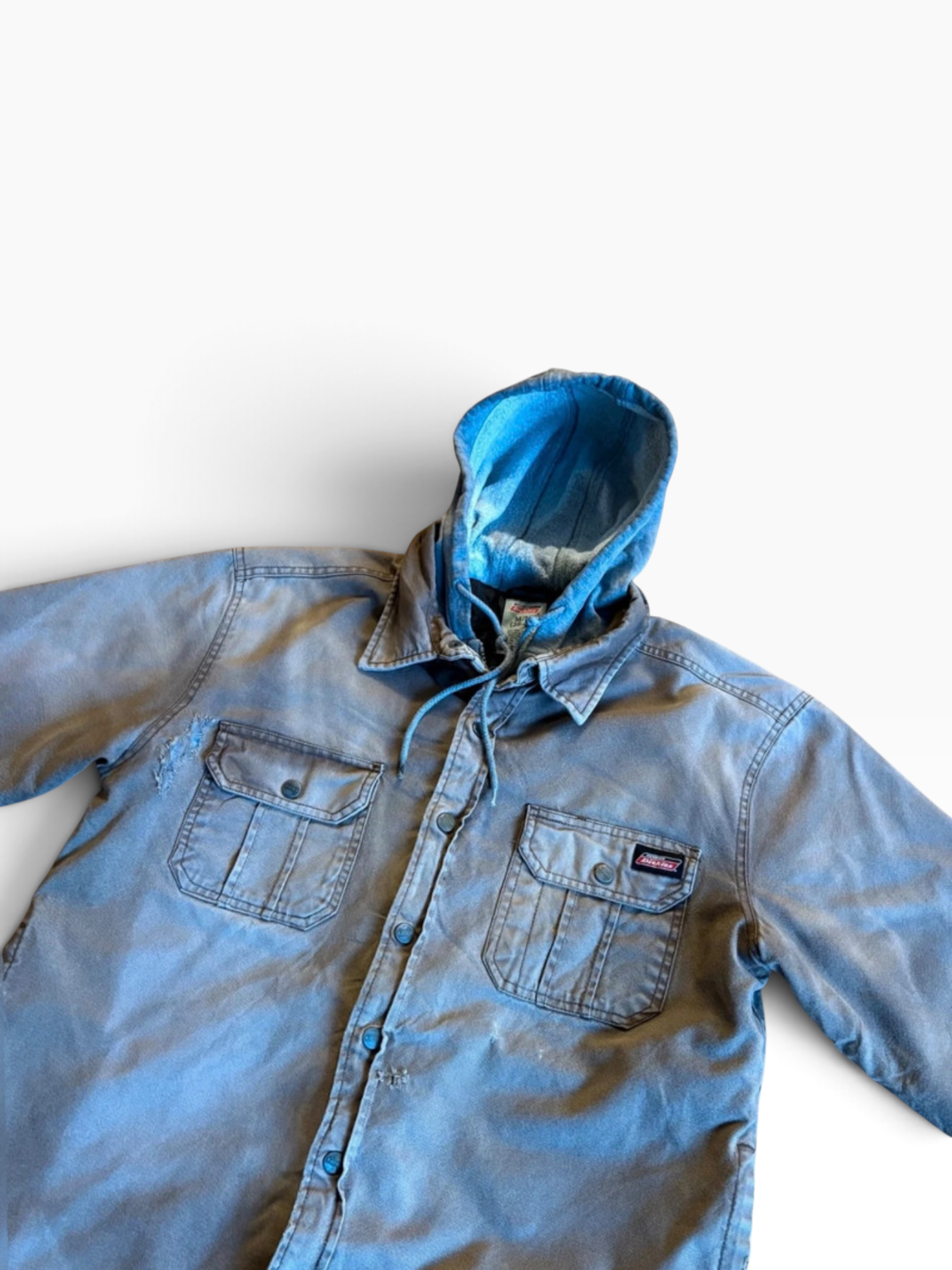 Vintage Dickies Thrashed Hooded Shirt Jacket in Washed Grey with Elbow Patches, M